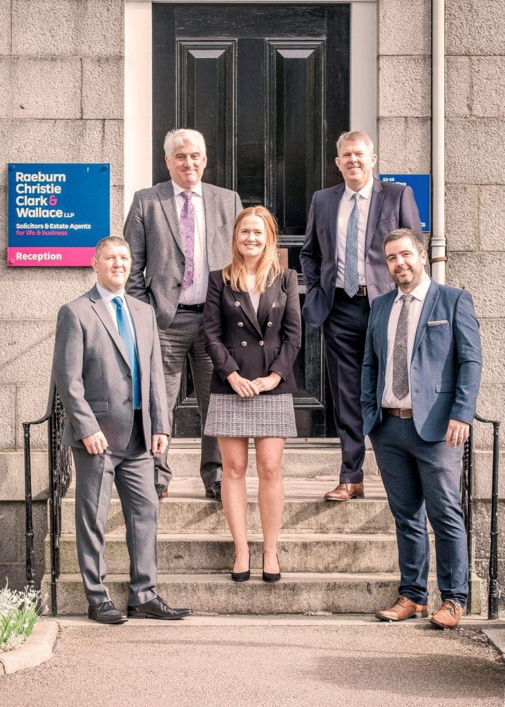 Image shows from left to right Callum McDonald (Managing Partner), Bill Barclay (Head of Residential Property Department), below the three new partners, Gavin Cooper, Anne Littlejohn and Scott Rennie.