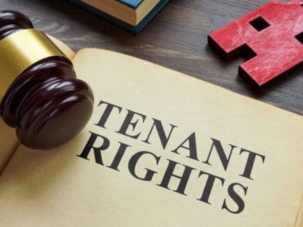 Image of open book titled Tenant Rights with gavel ontop and an wooden block of a house denoting housing rights for tenants